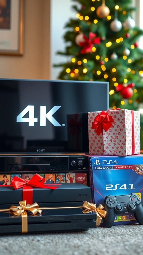 Christmas Gift Ideas for 4K Enthusiasts A collection of 4K technology gifts arranged for Christmas, including a TV, Blu-ray player, and gaming console.